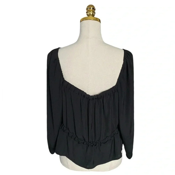 7 FOR ALL MANKIND Black Puff Sleeve Square Neckline Peplum Satin Blouse Size XL - Picture 5 of 8